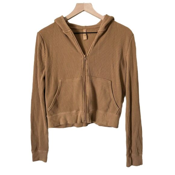 Skims Crop Waffle Lounge Zip Up Hoodie in Tan Size XL - Picture 1 of 5